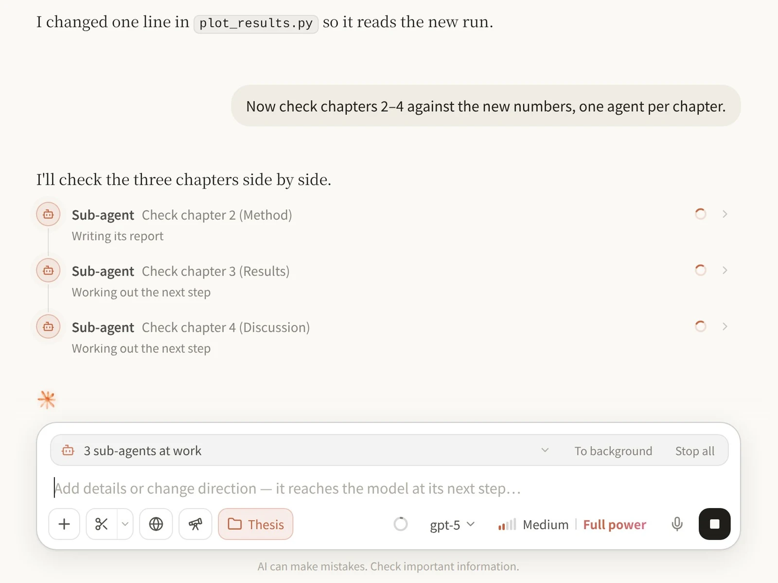 Three sub-agents checking three thesis chapters at the same time