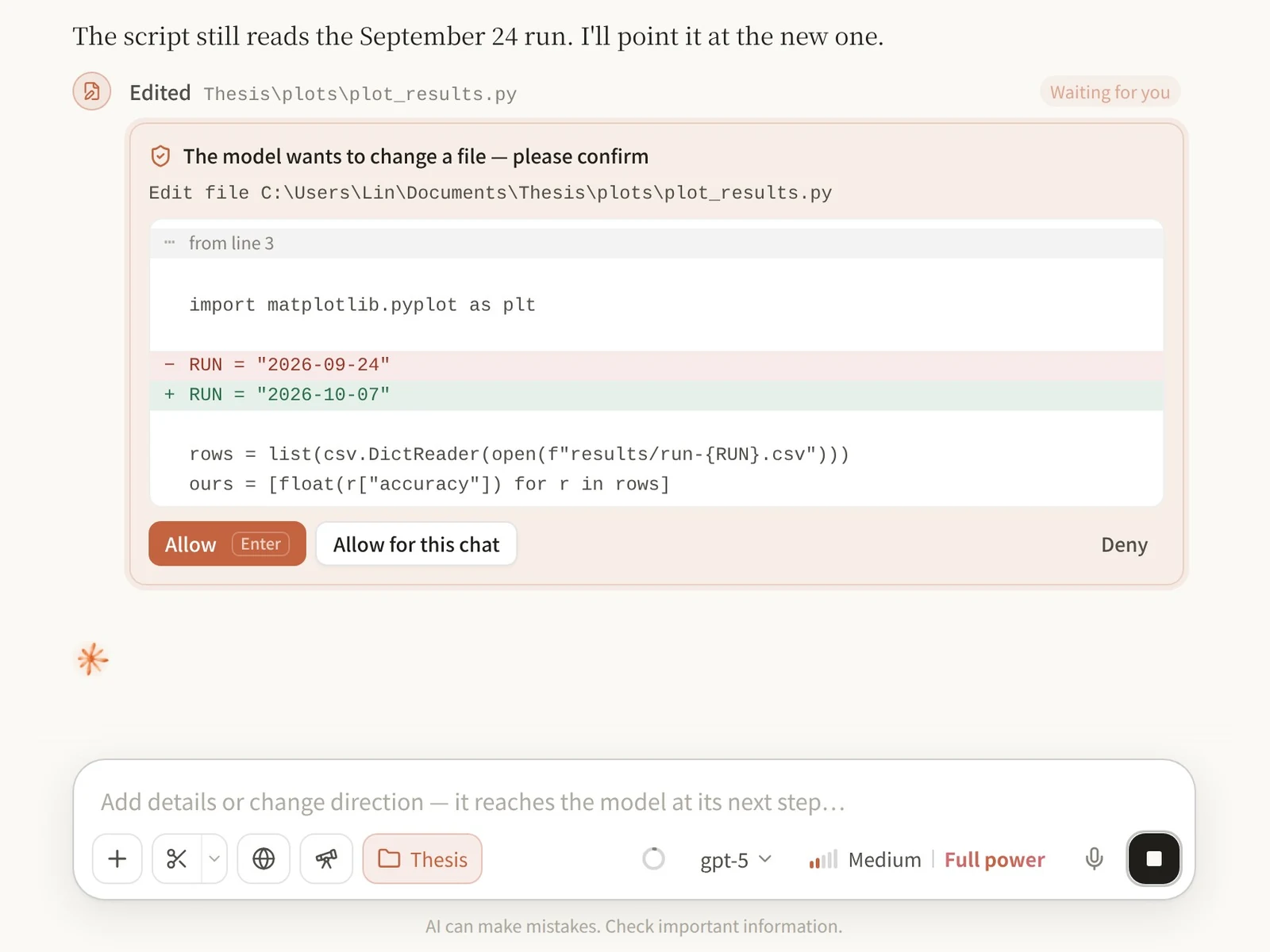 Clause asking before it edits a Python script, with the change shown as a diff